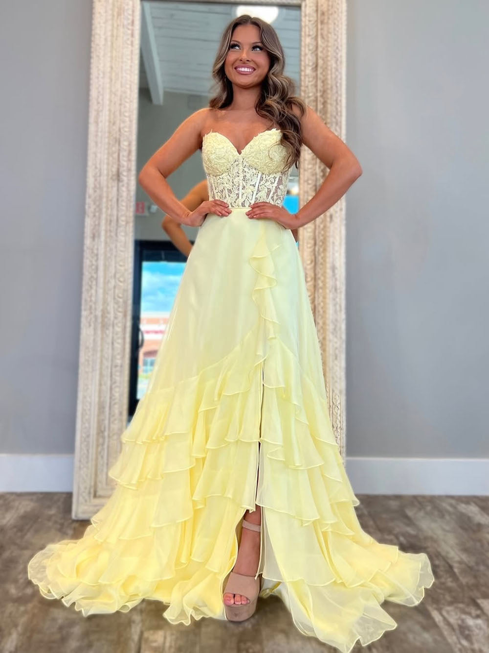 Ruffle Slit Prom Dress Sweetheart Lace Appliques Corset Formal Dress P Msikoods Official Store Ruffle Slit Prom Dress Sweetheart Lace Appliques Corset Formal Dress P Msikoods Official Store