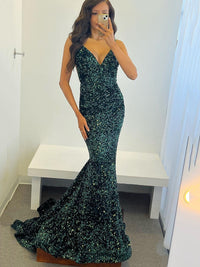 Green Sequin Mermaid Evening Dress V Neck Backless Prom Dress 2025 Ms2508172