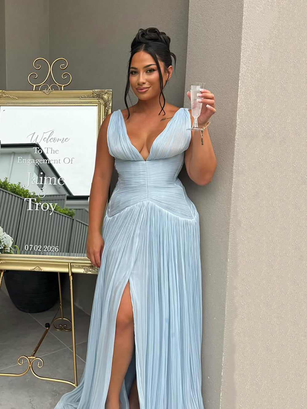 deep v neck dress wedding guest Teal Dress Deep V Prom Dress Pleated Formal Evening Gown evening party or any 70 OFF 颜色:Floral Black Yellow KissProm A-Line Sweetheart Sequin Long sleeve