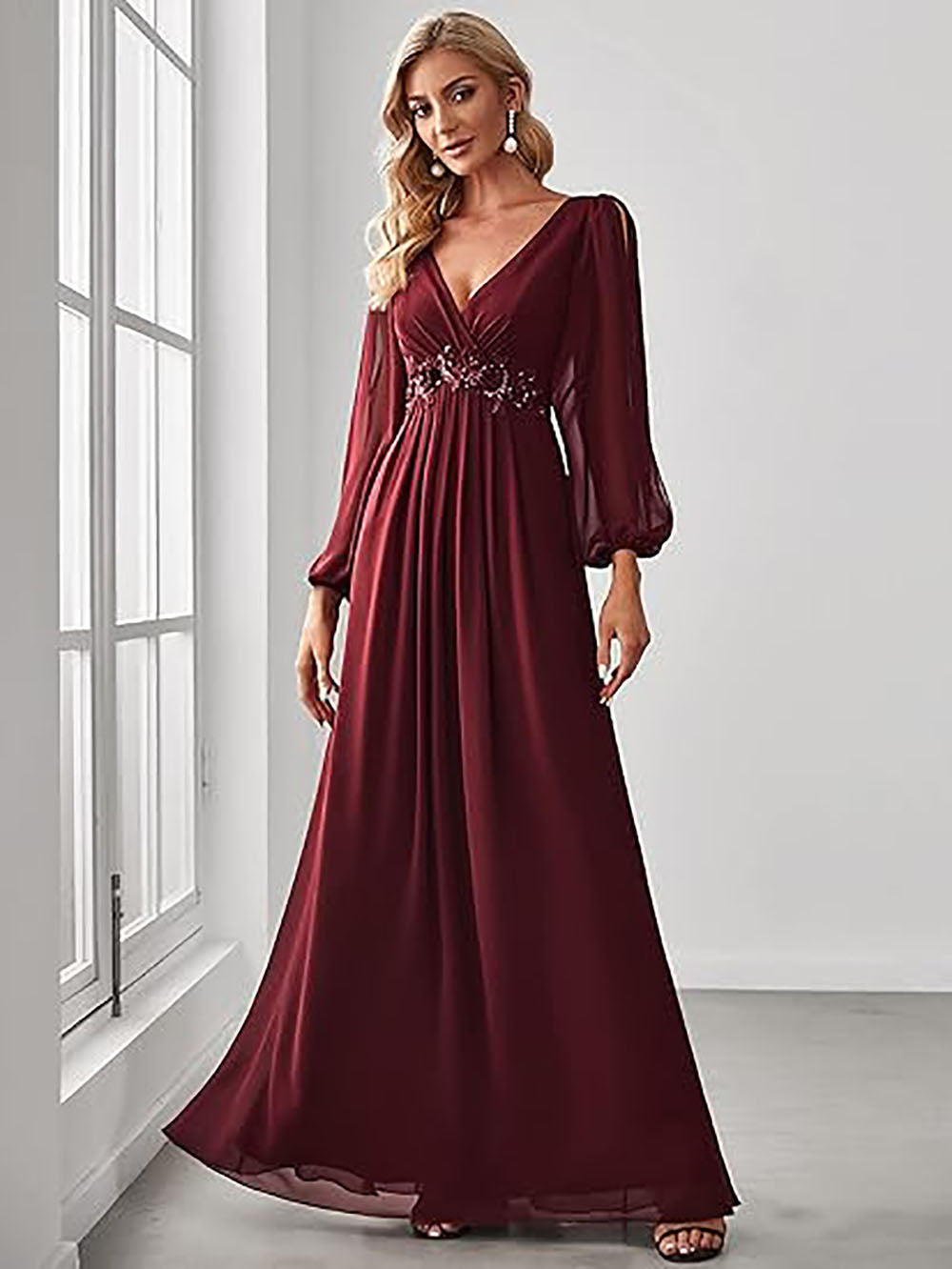 sachin and babi light blue dress Elegant Burgundy Long Sleeve Evening Gown Women's V-Neck Chiffon Forma –  Msikoods Official Store