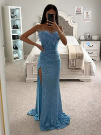 Robe de soirée sirène à paillettes, plumes, fente latérale, robe de bal pour femmes, robe de soirée 2024