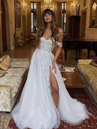 Boho Wedding Dresses Crystal Beading Off the Shoulder Lace Appliques A-Line Wedding Gown Sweetheart Bridal Gown