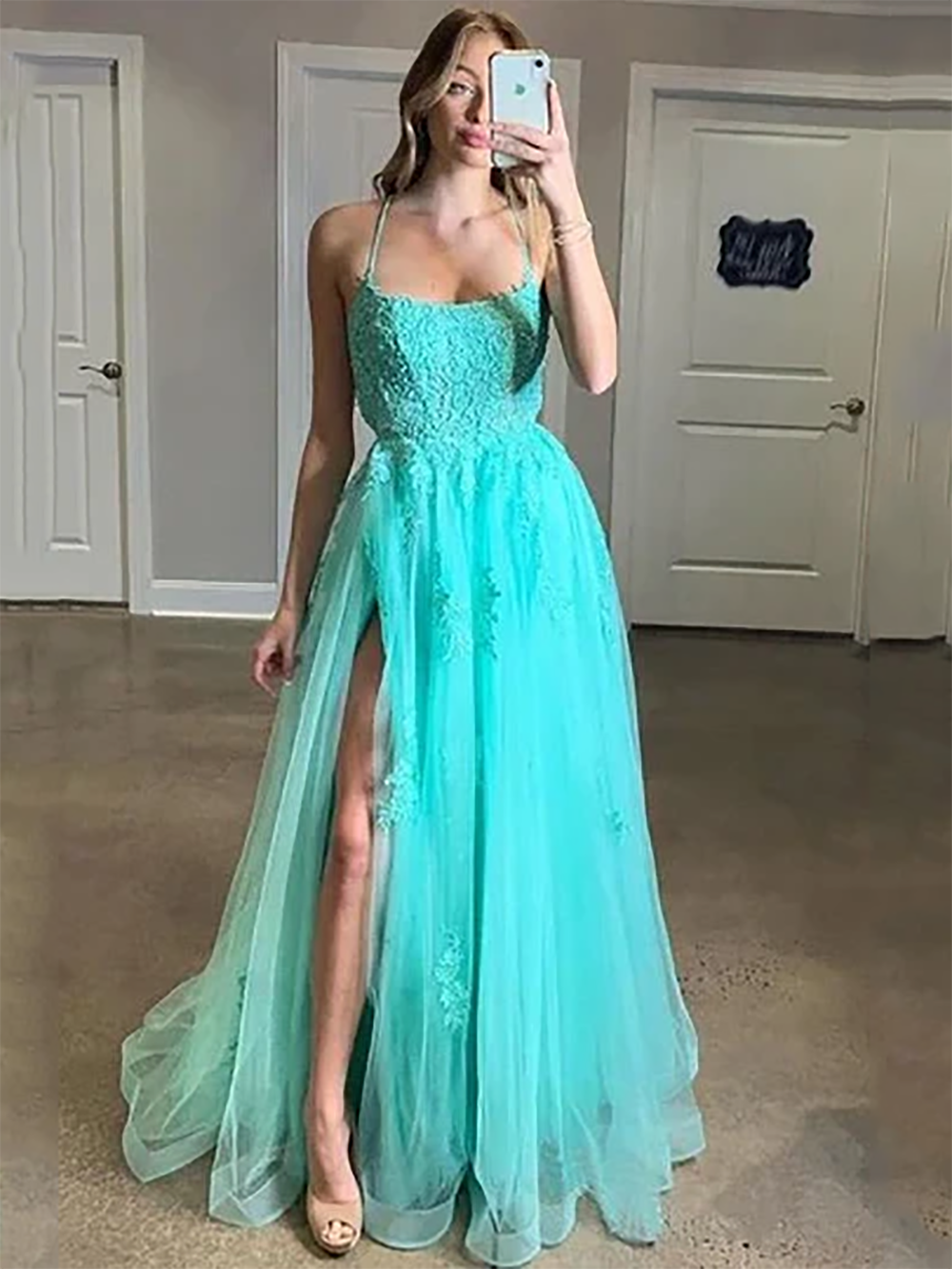 High Slit Prom Dress Spaghetti Straps Backless Tulle Formal Gown 2025 Ms2506293