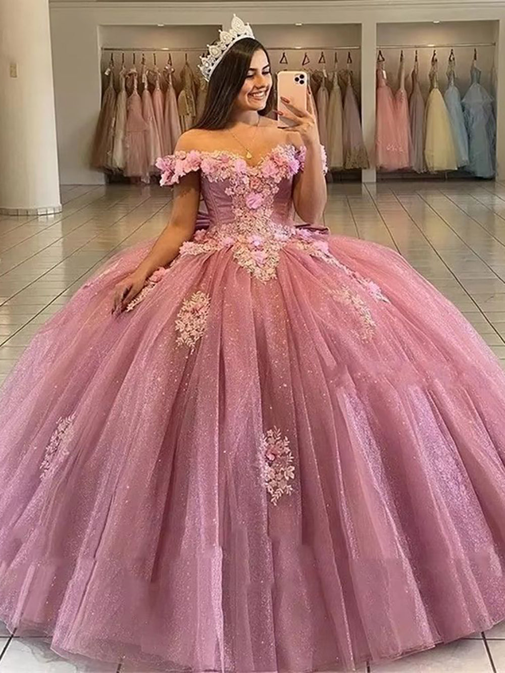 Vestidos cor-de-rosa para Quinceañera com flores 3D, vestido de bola fofo, renda com contas, vestidos de princesa para baile de formatura para os 15 anos