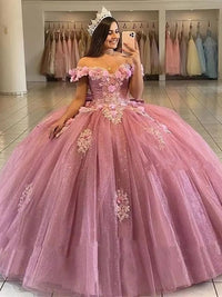 Vestidos cor-de-rosa para Quinceañera com flores 3D, vestido de bola fofo, renda com contas, vestidos de princesa para baile de formatura para os 15 anos
