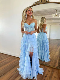 Sky Blue Prom Dress Lace Corset Sweetheart Birthday Dress Chiffon Tiered Teens Graduation Gowns