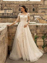 Vintage Lace Wedding Dress A-Line 3/4 Illusion Sleeves Lace Appliqué Bridal Dress Ms2505205