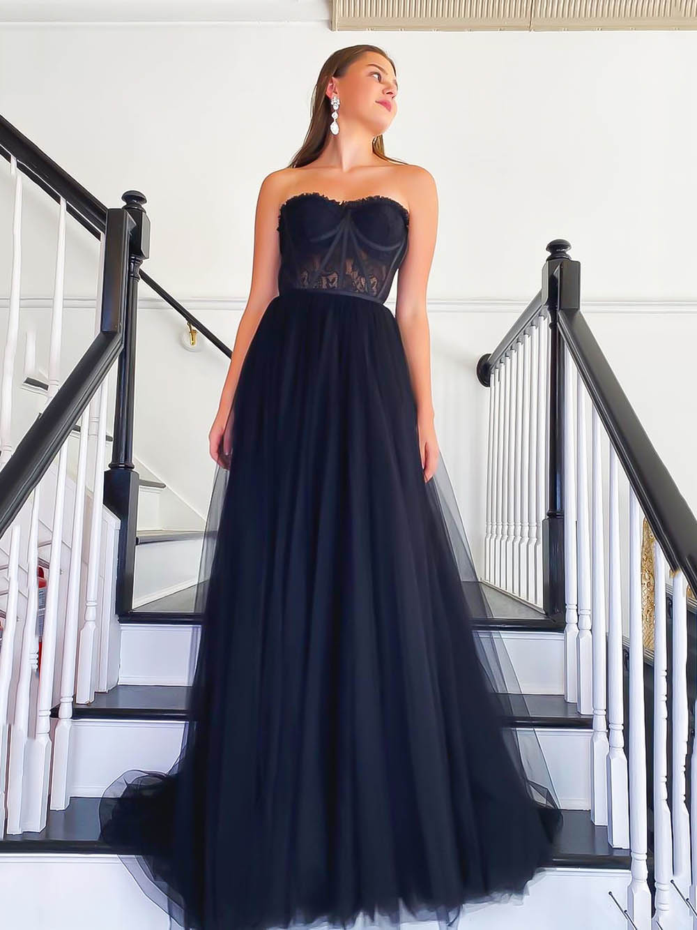 Black Tulle Corset Prom Dress Strapless Lace A-Line Formal Evening Dre – Msikoods Official Store
