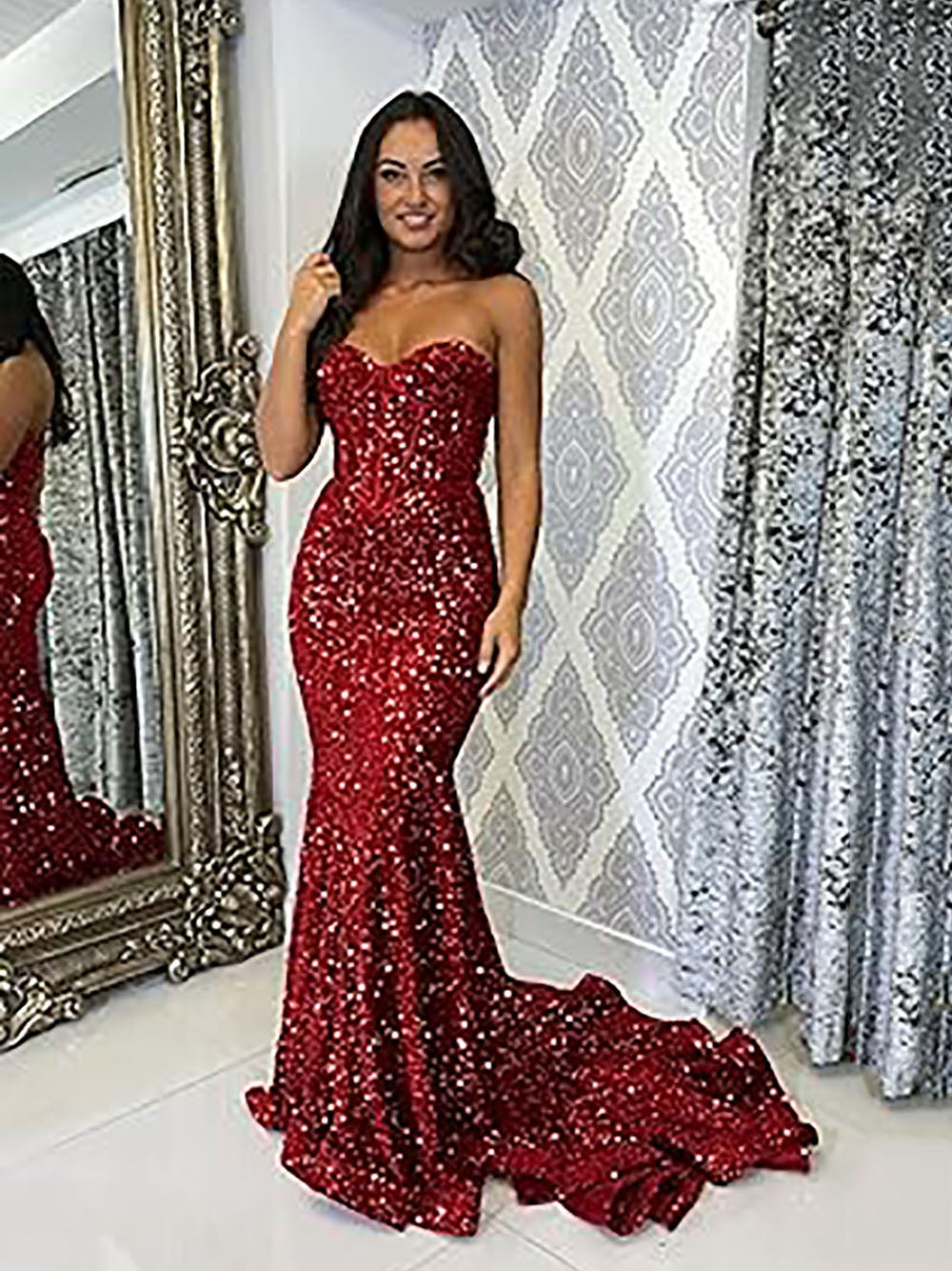 Robe de soirée longue à paillettes scintillantes et corset sans bretelles pour femmes