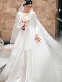 Vintage Satin Wedding Dress Modest Long Sleeves Muslim Princess A Line Brides Bridal Gown