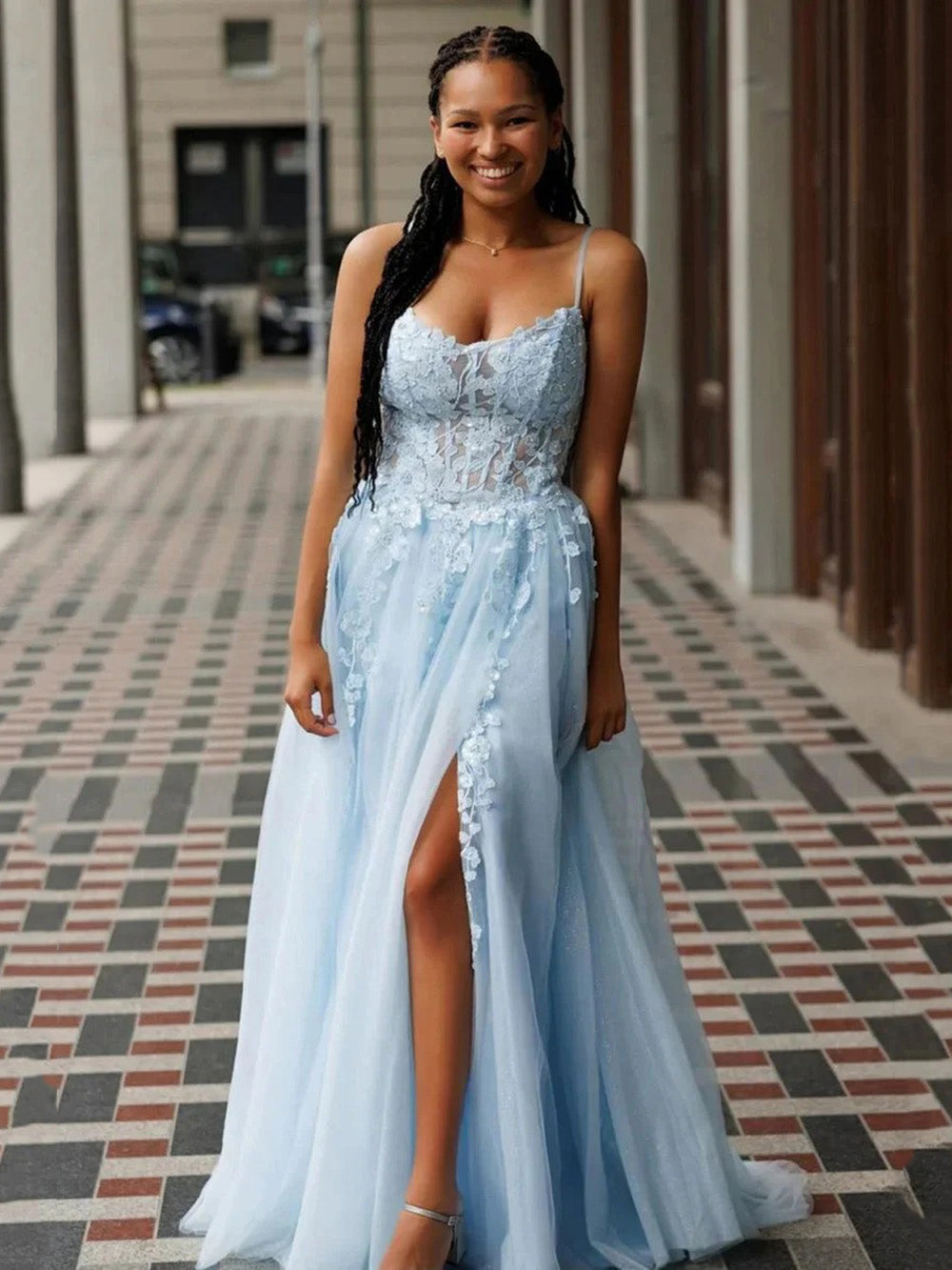 Lace-Up Lace Appliqué Party Dress High Slit Tulle Prom Dress Ms2506154 –  Msikoods Official Store