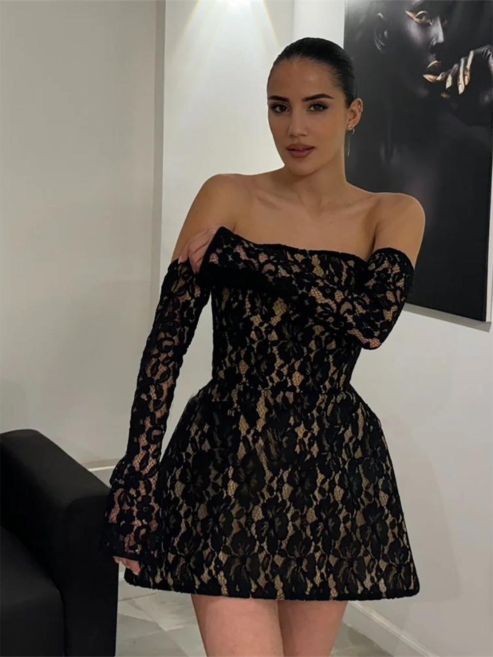 Long Sleeves Luxury Lace Prom Dress Black Flowers Strapless Short Evening Dresses Woman Cocktail Dress
