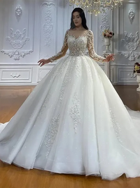 2025 Wedding Dress Illusion Neck Long Sleeves Lace Appliques Beads Bride Gowns Luxury Women Wedding Gown
