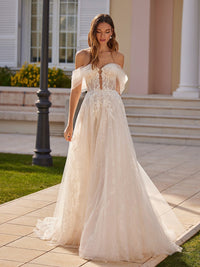 Vestidos de Noiva Longos para Noiva Ombro a Ombro Decote Coração Vestido de Noiva em Tule com Apliques de Renda Vestido de Noiva Sem Costas