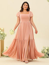 Vestidos de Dama de Honra com Decote em U, Fenda e Mangas de Chiffon com Folhos, Vestidos Formais Longos para Festa com Bolsos