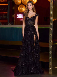Vestidos de Baile Pretos com Camadas Brilhantes, Costas Nuas, Aplicações de Renda, Vestidos Longos de Noite com Fenda, Vestidos Formais para Festas