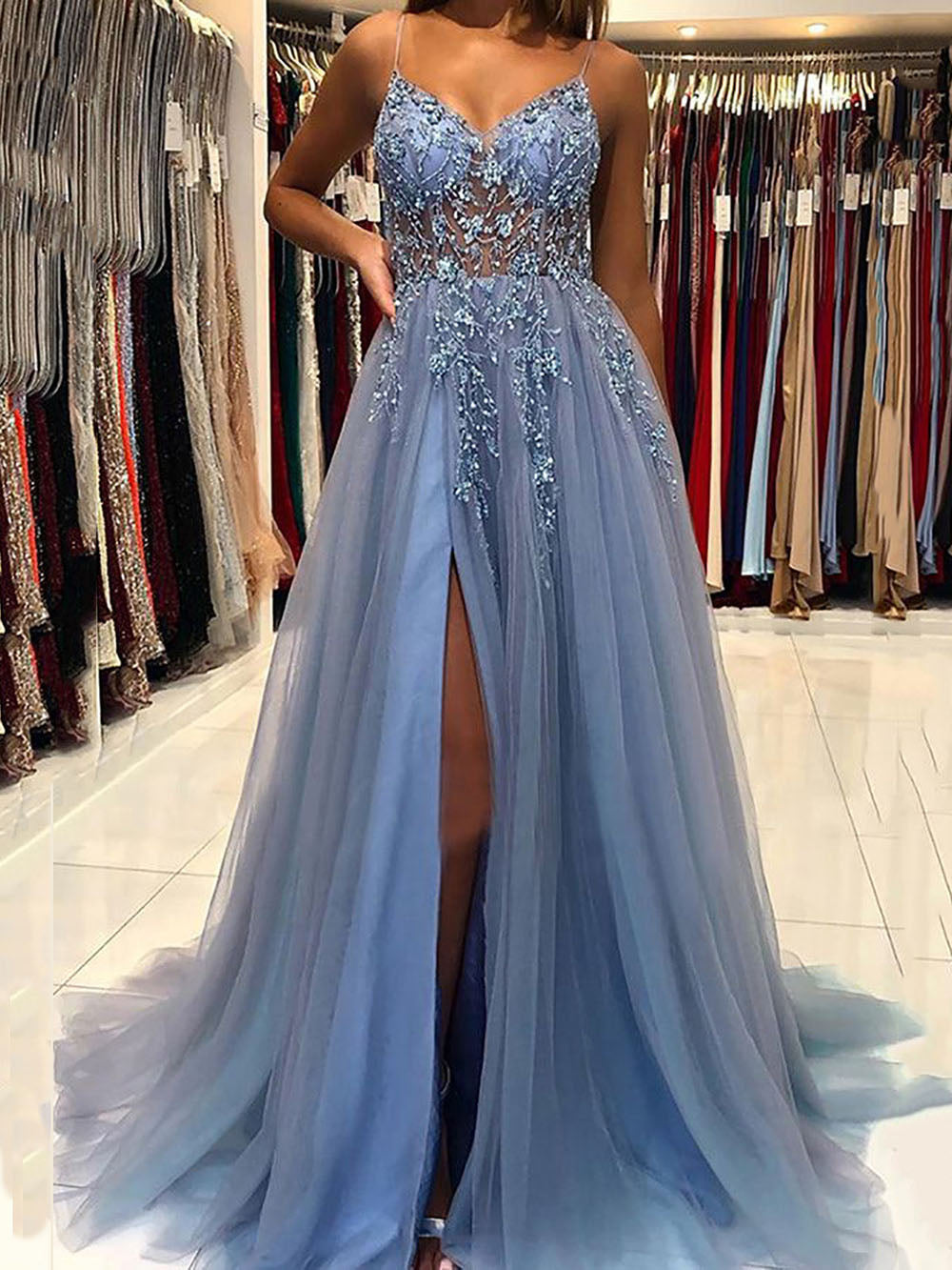 A-Line Prom Gown with Slit Illusion Beads Appliques Evening Dress Ms2507261