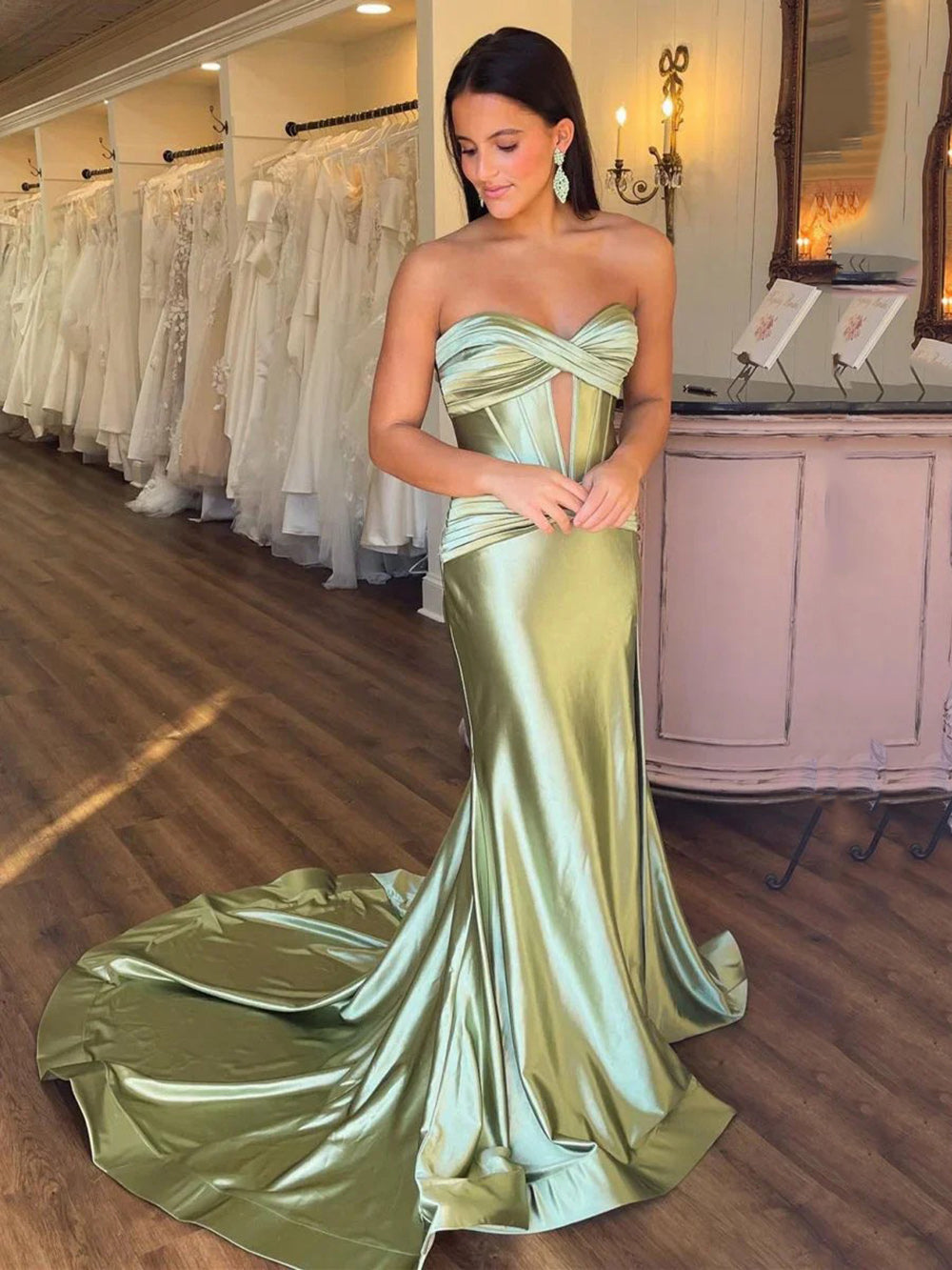open lace back dress Wedtrend Women Gold Halter Long Prom Dress Sheath Ruched Metallic Satin Evening Dress with Slit, Gold / US8 main image 1
