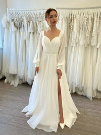Vestido de Noiva Plus Size em Organza Vestido de Noiva Sexy Costas Nuas Fenda Lateral Corte A Manga Longa Vestidos Nupciais