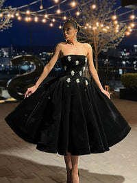 Black Velvet Midi Prom Dress Strapless Crystal Embellished Party Gown Cocktail Dress