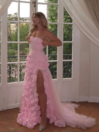 Elegante Abito da Sera con Fiori 3D Rosa 2025 Abito da Sposa Formale Lungo con Spacco Laterale Abito da Festa per Ragazza
