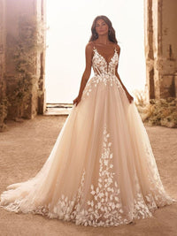 Vestidos de Noiva Boho com Decote em V, Alças de Espaguete, Apliques, Corpete, Vestido de Noiva Princesa para Mulheres, Vestido de Noiva 2025