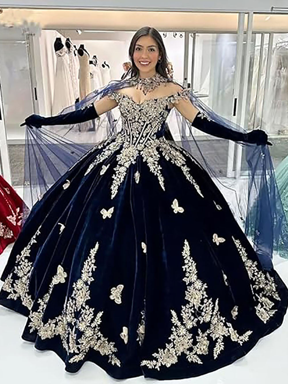 Abiti da Quinceanera Principessa Velvet con Mantello, Applicazioni di Farfalle Dorate Scintillanti, Abiti Sweet 16, Abito da Ballo in Pizzo