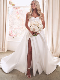 Vestidos de Noiva em Cetim Chique com Fenda Alta e Pregas Vestido Nupcial Feminino Princesa Corte A