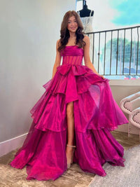 Abito da ballo arricciato con scollo a cuore, spacco alto, vestito da festa senza spalline, tulle ondulato a strati, abito da sera Ms2505062