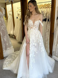 Classic Elegant Wedding Dresses For Mariages Sparkly Tulle V Neck Lace Appliques Off The Shoulder Slit Bridal Gowns