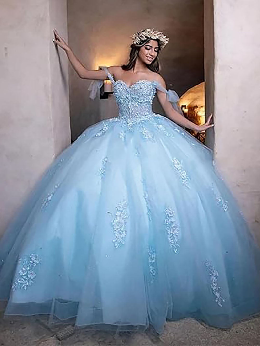 Women's Off Shoulder Quinceanera Dresses Puffy Tulle Ball Gowns for Sweet 16 Dress Lace Appliques Prom Dress