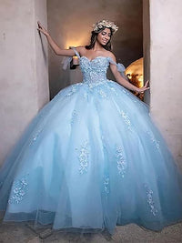 Women's Off Shoulder Quinceanera Dresses Puffy Tulle Ball Gowns for Sweet 16 Dress Lace Appliques Prom Dress