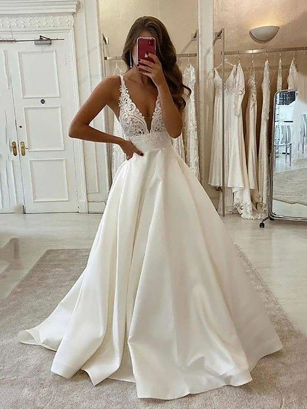 Vintage Satin Wedding Dress Lace Appliqu A-Line Deep V Neck Bride Dre   Msikoods Official Store