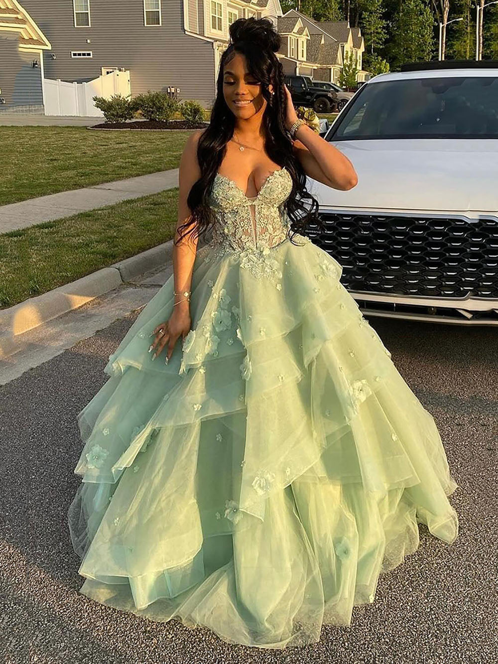 Mint Green Layered Tulle Prom Gown Appliques 3D Floral Evening Dresses Msikoods Official Store Mint Green Layered Tulle Prom Gown Appliques 3D Floral Evening Dresses Msikoods Official Store