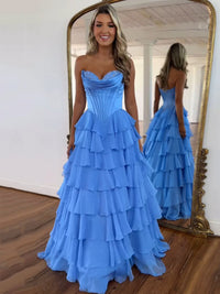 Abito da cerimonia azzurro cielo con corsetto in pizzo, scollo a cuore, abito di compleanno in chiffon a balze, abiti da laurea per adolescenti