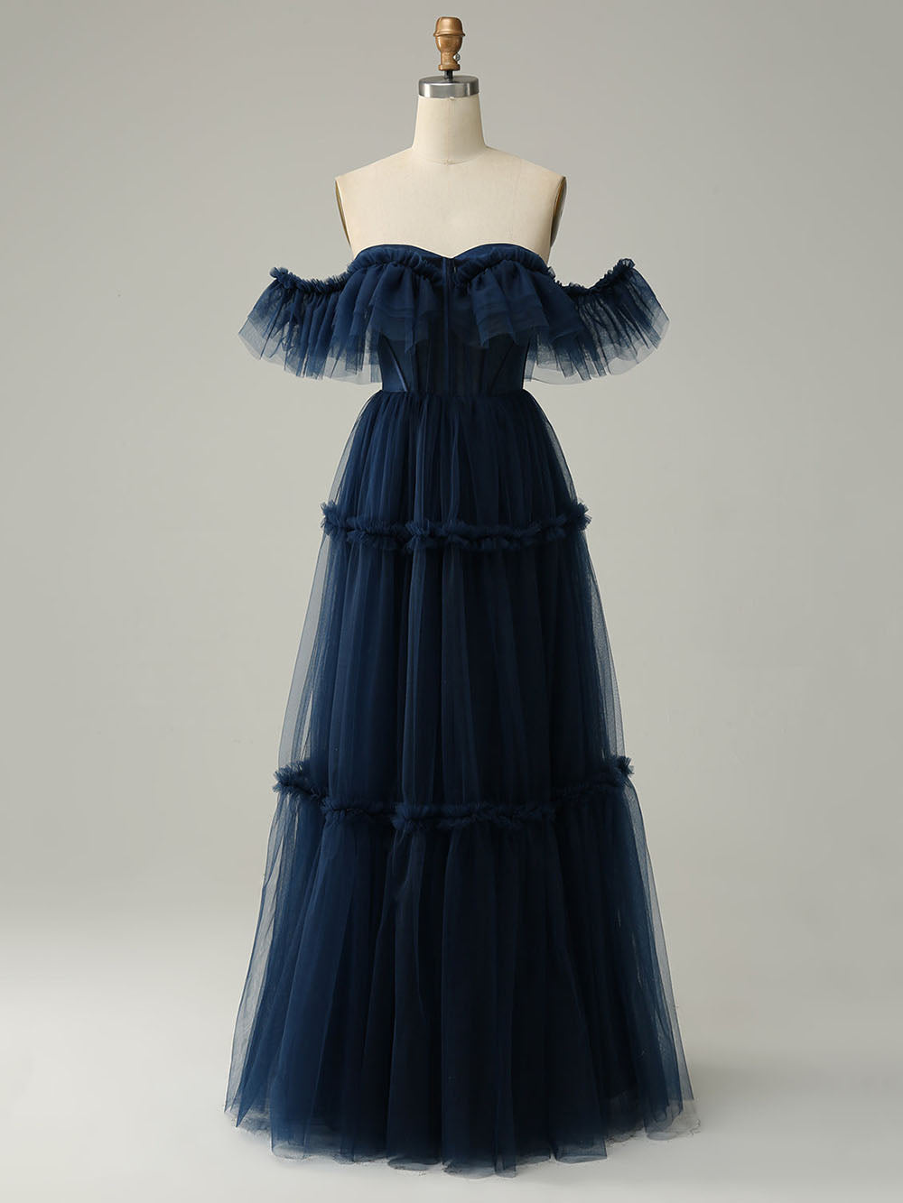 navy blue tiered prom dress Navy Blue Lace Chiffon Tiered prom Dress Strapless with Ruffles Navy Blue / US6