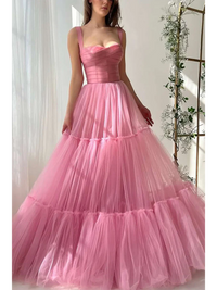 Robe de soirée longue en tulle à bretelles spaghetti et décolleté plongeant pour femme