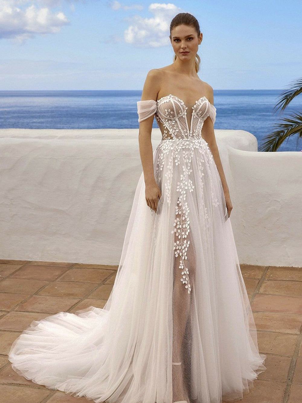 Vestido de Noiva com Corpete, Saia em A, Tule Brilhante, Vestido Nupcial Ombro a Ombro, Fenda Alta, Vestido de Noiva Ms032601