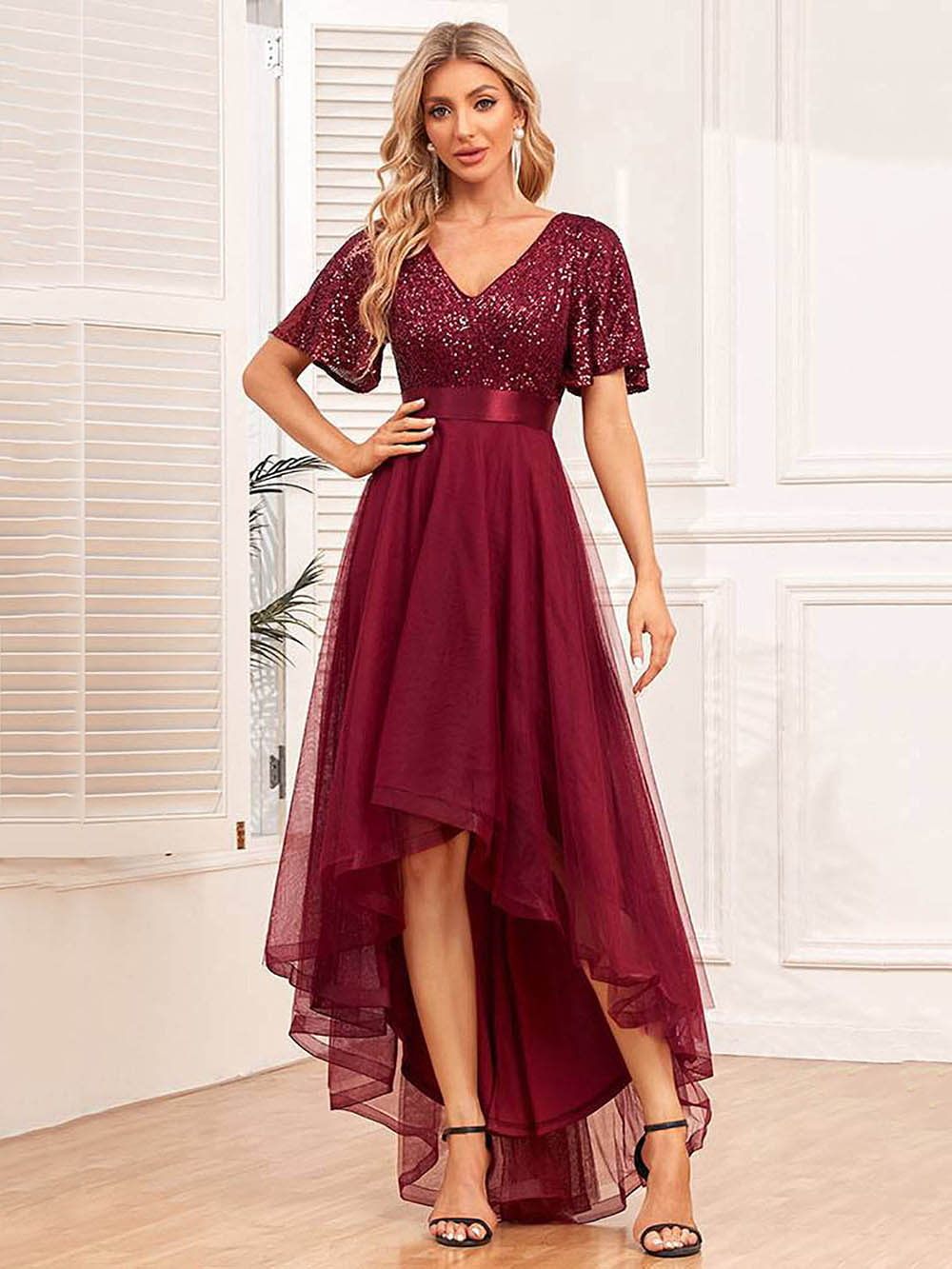 burgundy flutter sleeve dress Primavera Couture 13124 - Beaded Flutter Sleeve Evening Dress 10 / Slate Blue