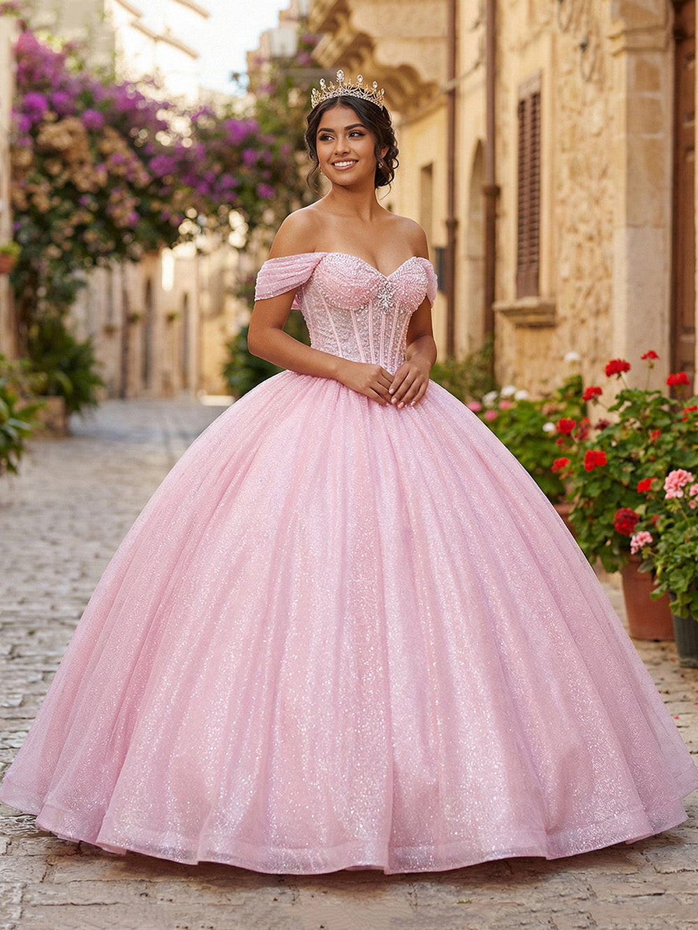 Quinceanera Dresses Off Shoulder Ball Gown Pleated Glitter Princess Co   Msikoods Official Store