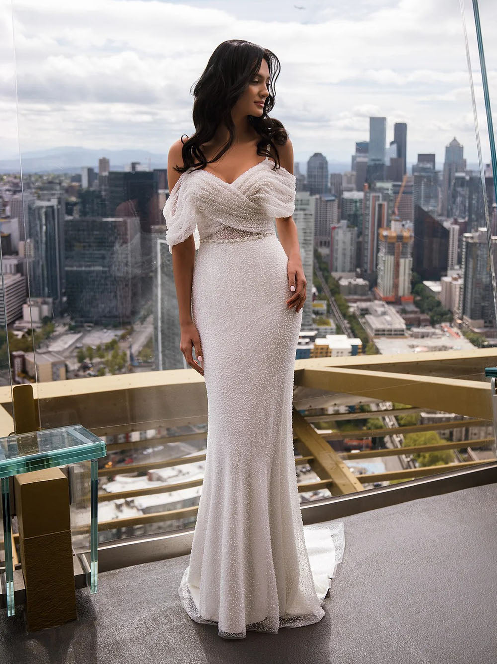 Glitter Wedding Dresses Women Beading Off The Shoulder Pleats Mermaid Bride Dress Bridal Gown