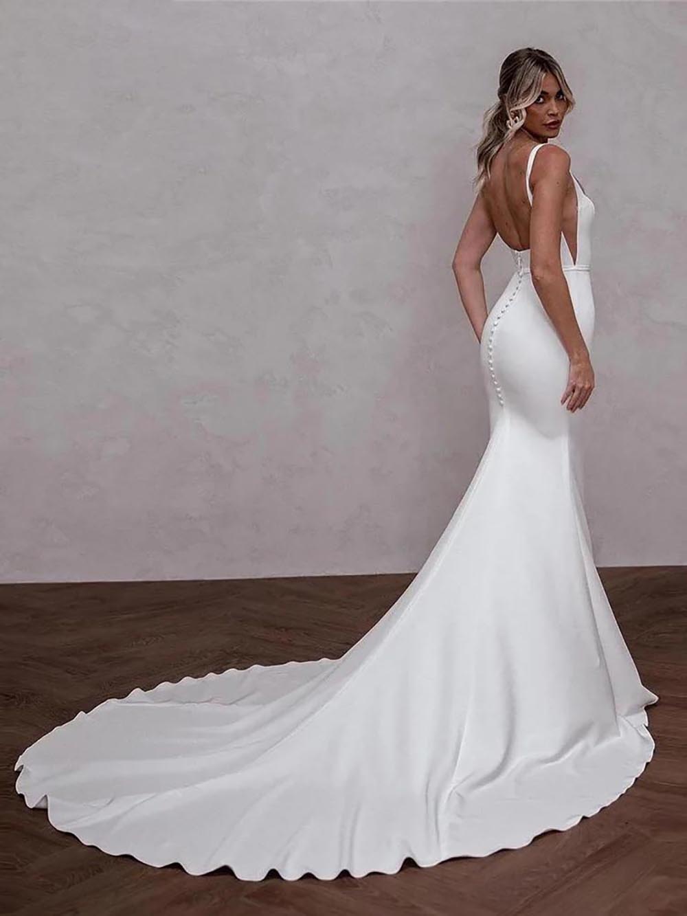 Vestidos de Noiva Elegantes Sereia para Mulheres com Alças de Espaguete, Costas Abertas, Gola Quadrada, Vestidos Nupciais Simples com Cauda Varredoura
