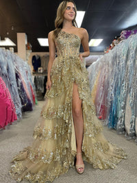 Abito da sera formale da festa da donna con paillettes applicate su una spalla, a strati, linea ad A, sexy con spacco laterale