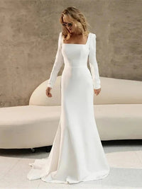 Civil Square Neck Long Sleeve Wedding Dress Simple Mermaid Bridal Gown with Button Ms2503191