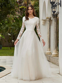 Elegant Long Sleeve Lace Wedding Dress with Illusion Tulle Bridal Gown 2025 Ms2505271