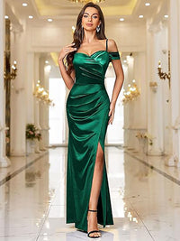 Sexy abito da sera lungo da festa con spalle scoperte in raso, spacco alto e arricciature, stile sirena Ms2503131