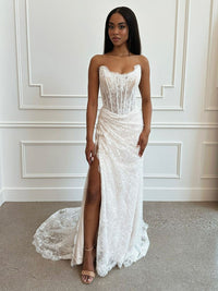 Incantevole abito da sposa per spose, corsetto, abito da sposa sirena, senza maniche, con spacco laterale, in pizzo
