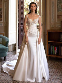 Gorgeous Mermaid Wedding Dress OverSkrit Cap Sleeves Elegant Lace Appliques Satin Peats Bride Dresses
