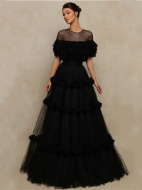 Robe de soirée élégante en tulle noir à plusieurs niveaux, robe de bal de princesse à pois superposés