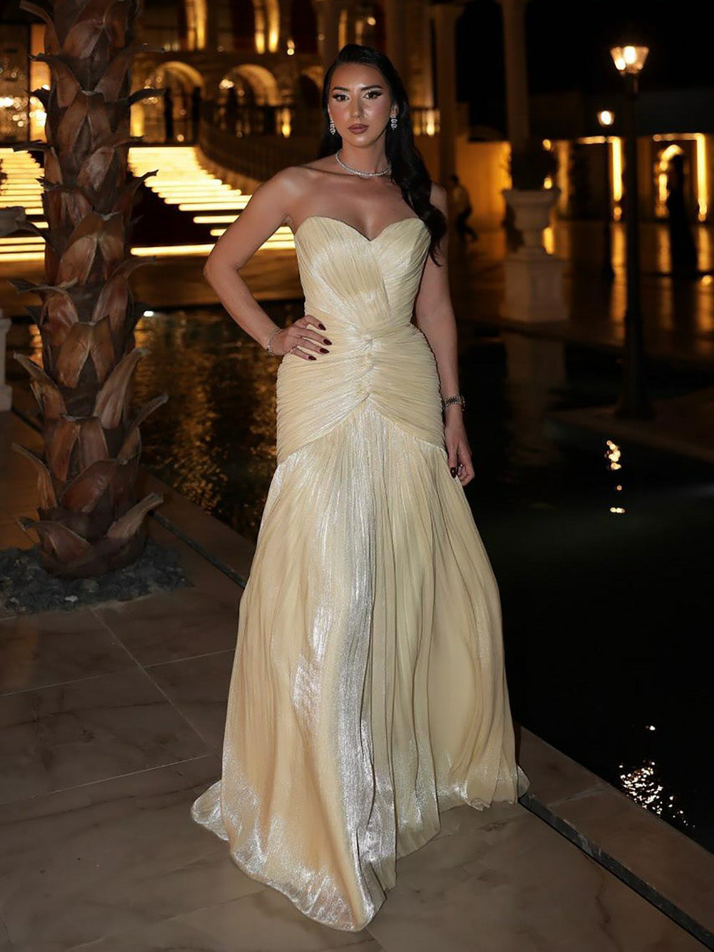 white christmas dresses Champagne Strapless Ruched Prom Dress Pleated Evening Gown for Formal –  Msikoods Official Store
